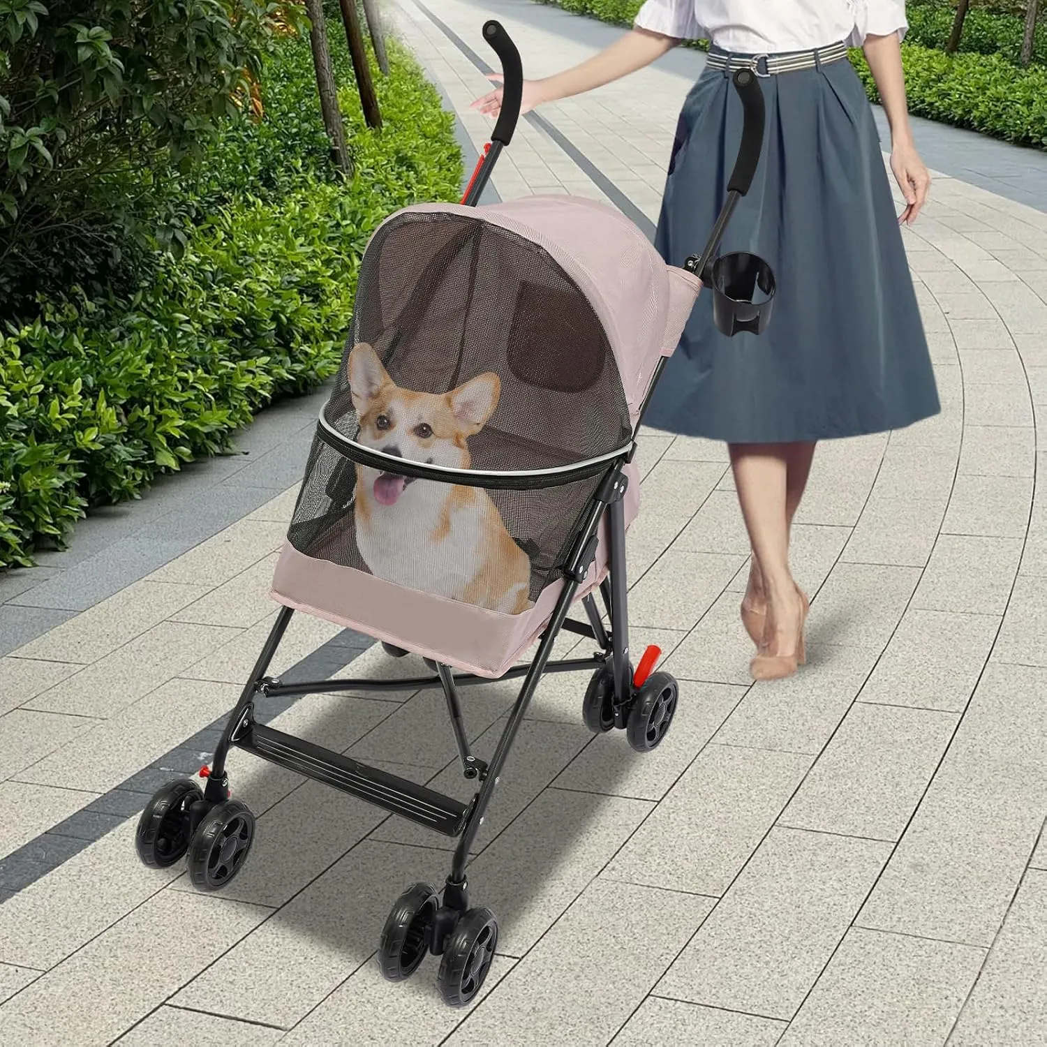 Foldable Pet Stroller for Cats & Dogs up to 22 LBS, 4 Wheels Lightweight Pet Carrier Strolling Cart, Portable Puppy Travel Jogger with Breathable Mesh & Rear Storage & Cup Holder (Pink)