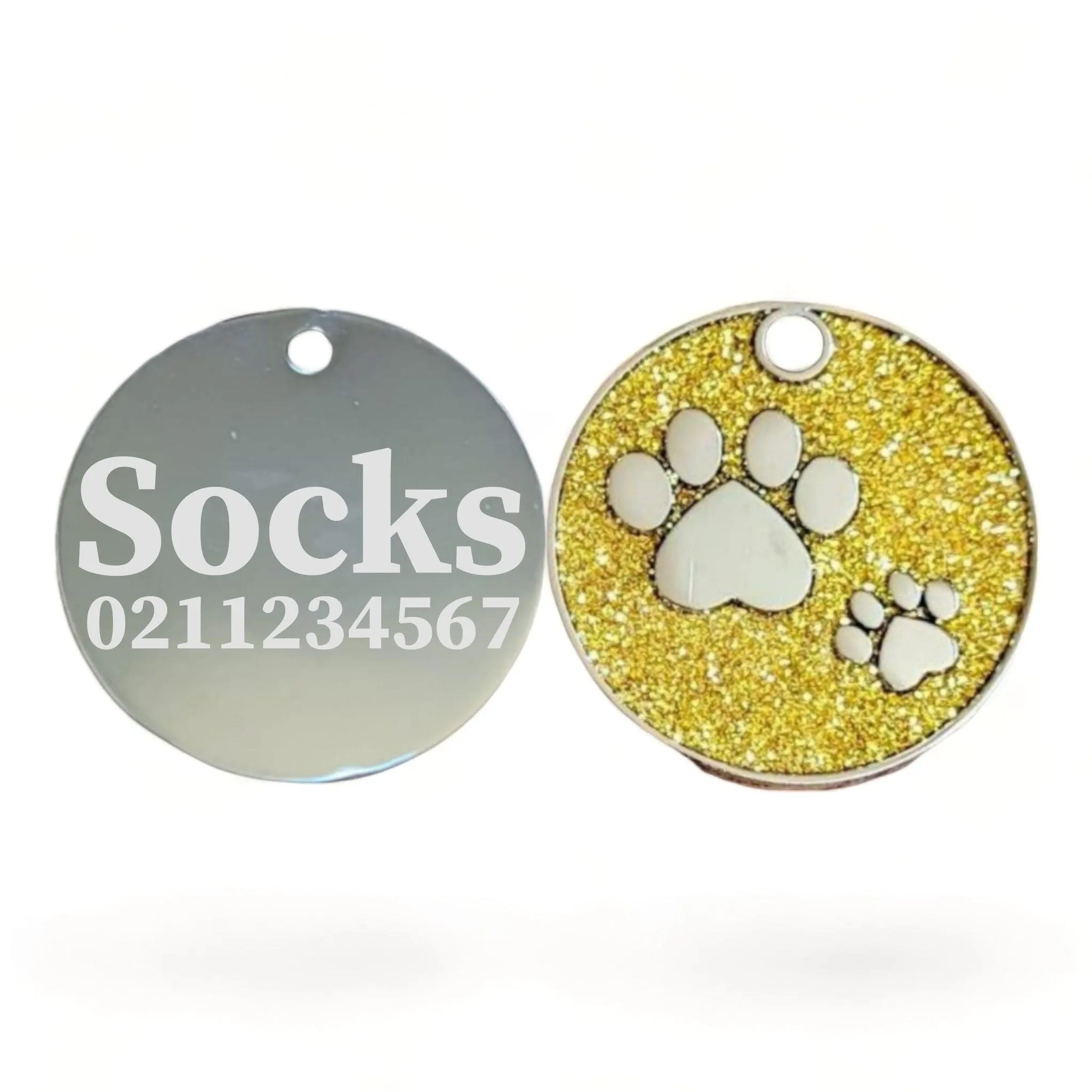 Glitter Paw Print Round Cat & Dog ID Pet Tag