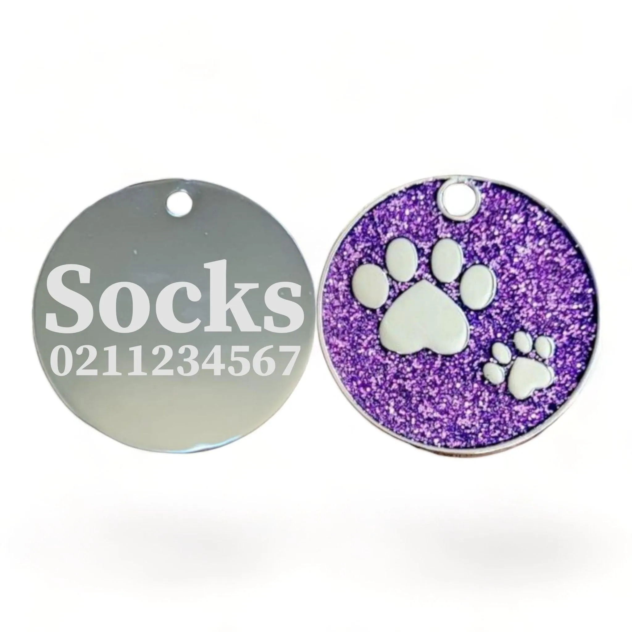 Glitter Paw Print Round Cat & Dog ID Pet Tag