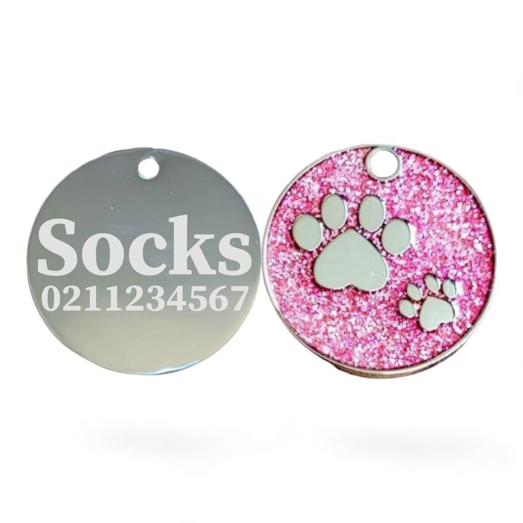 Glitter Paw Print Round Cat & Dog ID Pet Tag