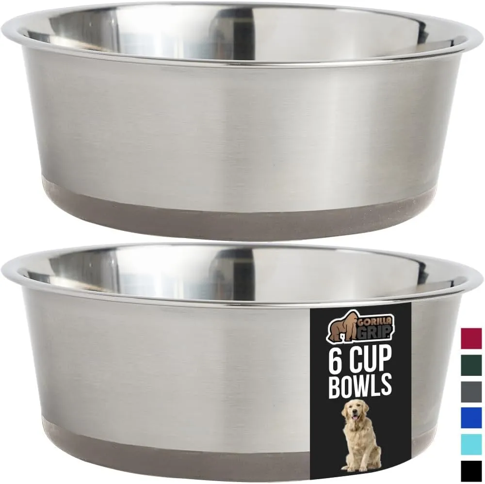 GORILLA GRIP Set of 2 Dog Bowls, Holds 6 Cups (48 fl oz), Heavy Duty Metal Food and Water Bowl for Feeding Dogs and Cats, Dishwasher Safe, Rust Resistant Stainless Steel, BPA Free Rubber Base, Beige