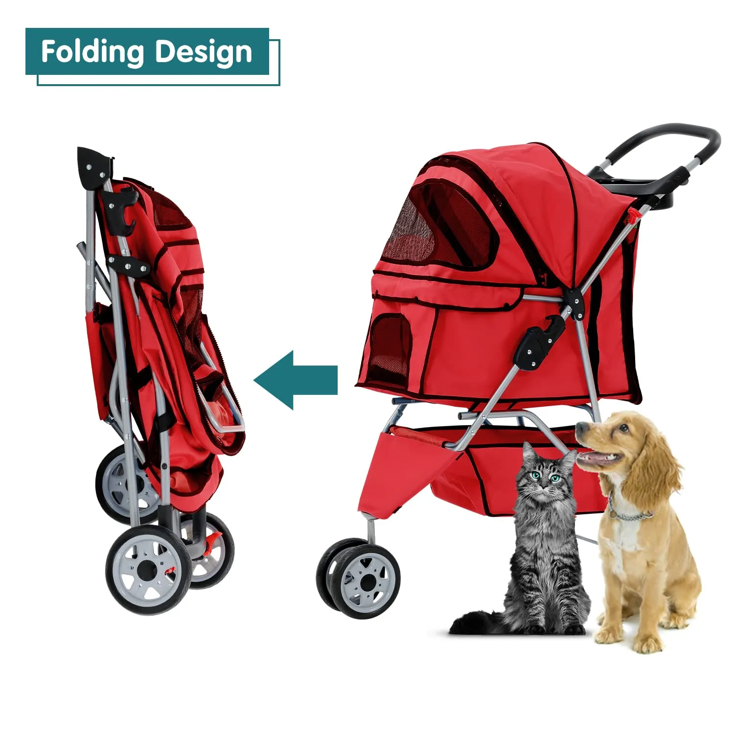 HHS Pet Stroller Dog Jogger 3 Wheels Folding Doggy Travel Carrier Strolling Cart with Cup Holders, Storage Basket, Removable Liner Animal for 2 Small/Medium Dogs Cats, Red, 34''(L)x17.5''(W)x39''(H)