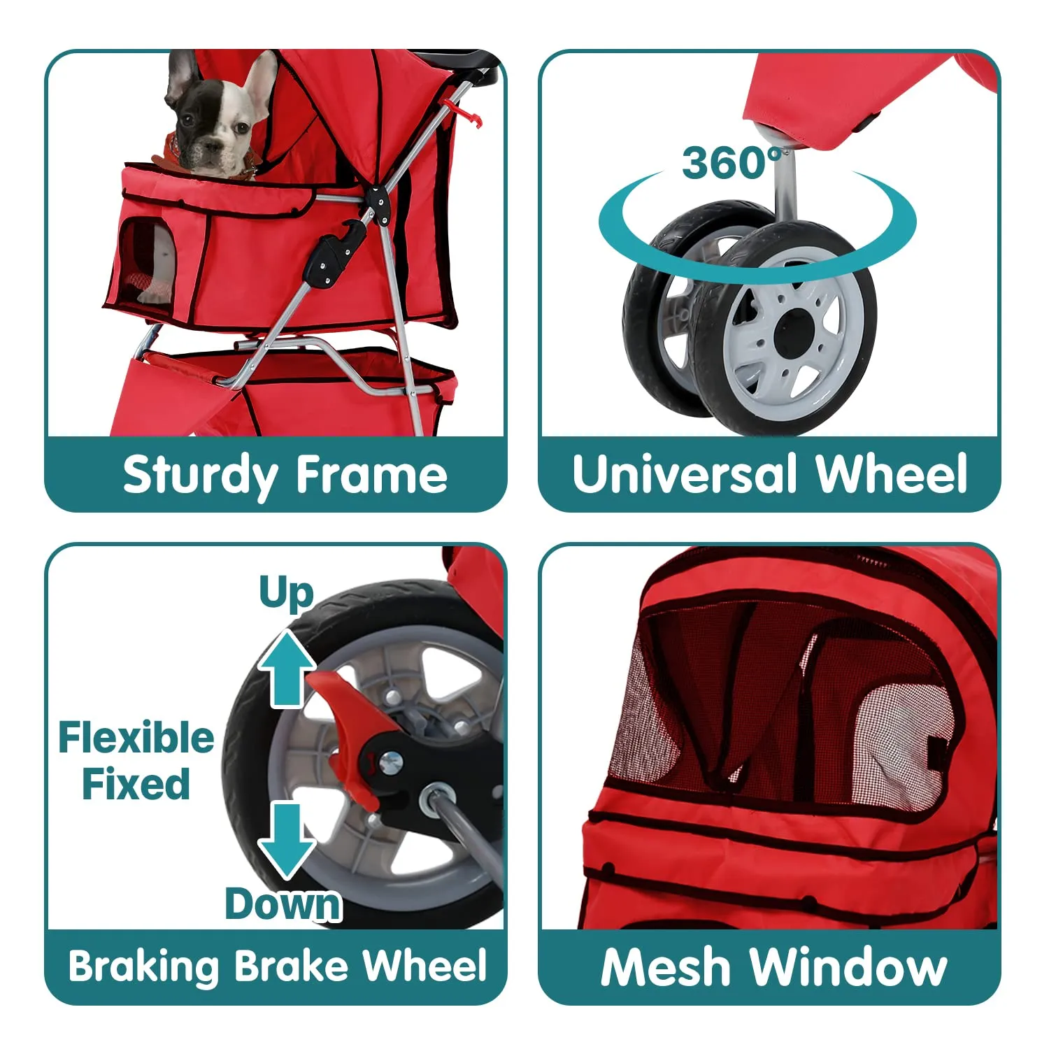 HHS Pet Stroller Dog Jogger 3 Wheels Folding Doggy Travel Carrier Strolling Cart with Cup Holders, Storage Basket, Removable Liner Animal for 2 Small/Medium Dogs Cats, Red, 34''(L)x17.5''(W)x39''(H)