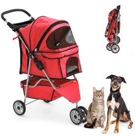 HHS Pet Stroller Dog Jogger 3 Wheels Folding Doggy Travel Carrier Strolling Cart with Cup Holders, Storage Basket, Removable Liner Animal for 2 Small/Medium Dogs Cats, Red, 34''(L)x17.5''(W)x39''(H)