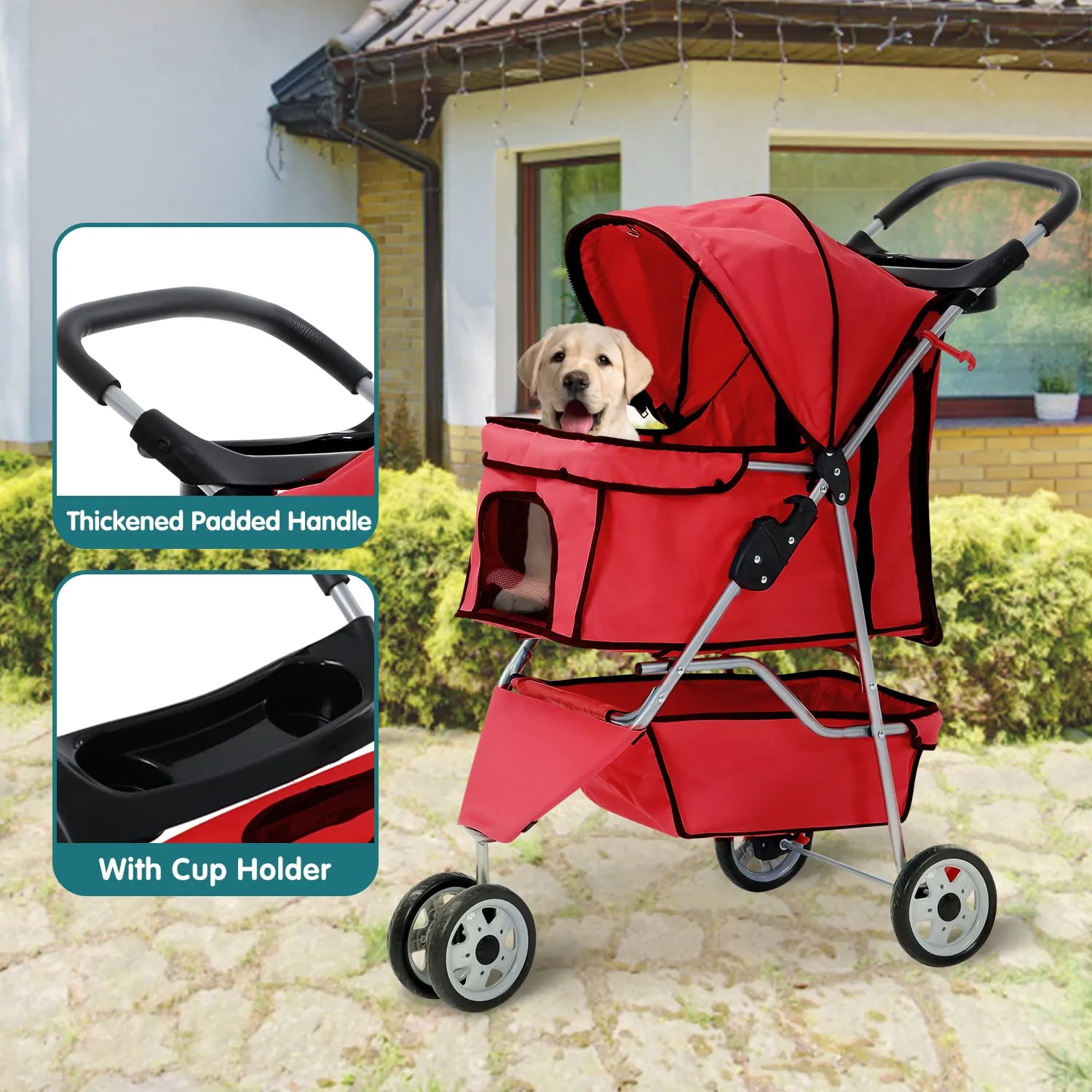 HHS Pet Stroller Dog Jogger 3 Wheels Folding Doggy Travel Carrier Strolling Cart with Cup Holders, Storage Basket, Removable Liner Animal for 2 Small/Medium Dogs Cats, Red, 34''(L)x17.5''(W)x39''(H)