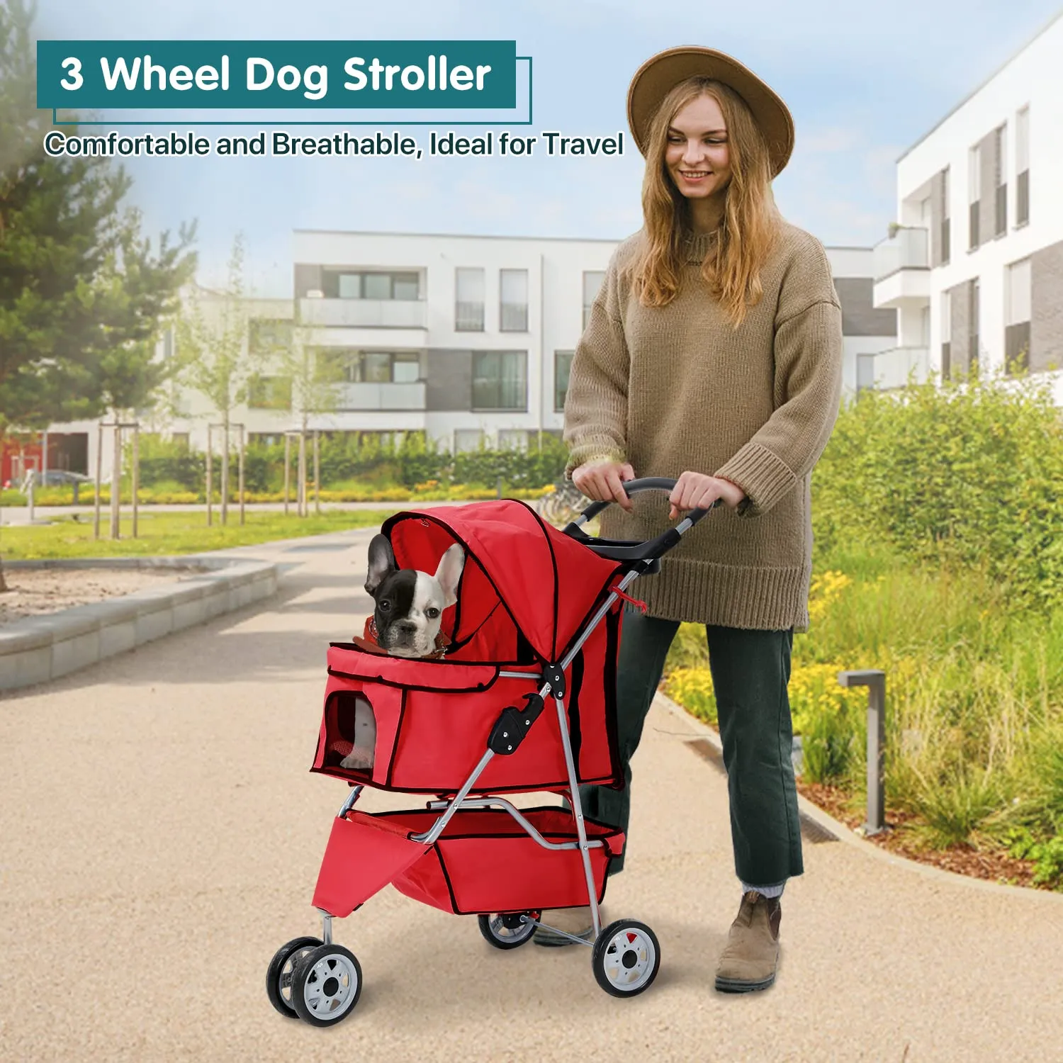 HHS Pet Stroller Dog Jogger 3 Wheels Folding Doggy Travel Carrier Strolling Cart with Cup Holders, Storage Basket, Removable Liner Animal for 2 Small/Medium Dogs Cats, Red, 34''(L)x17.5''(W)x39''(H)