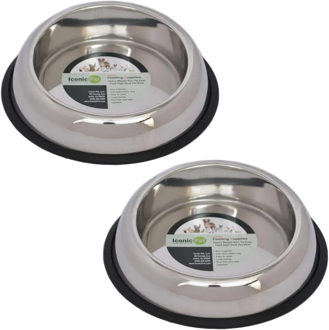 Iconic Pet 2 Cup/16 Oz Heavy Weight Non-Skid Stainless Steel High Back Pet Food/ Water Bowls - 2 Pack with Removable Anti Skid Rubber Ring - Dog/ Cat Feeding Bowl In Unique Design, Dishwasher Safe