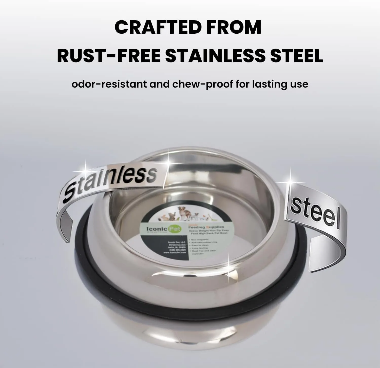 Iconic Pet 2 Cup/16 Oz Heavy Weight Non-Skid Stainless Steel High Back Pet Food/ Water Bowls - 2 Pack with Removable Anti Skid Rubber Ring - Dog/ Cat Feeding Bowl In Unique Design, Dishwasher Safe