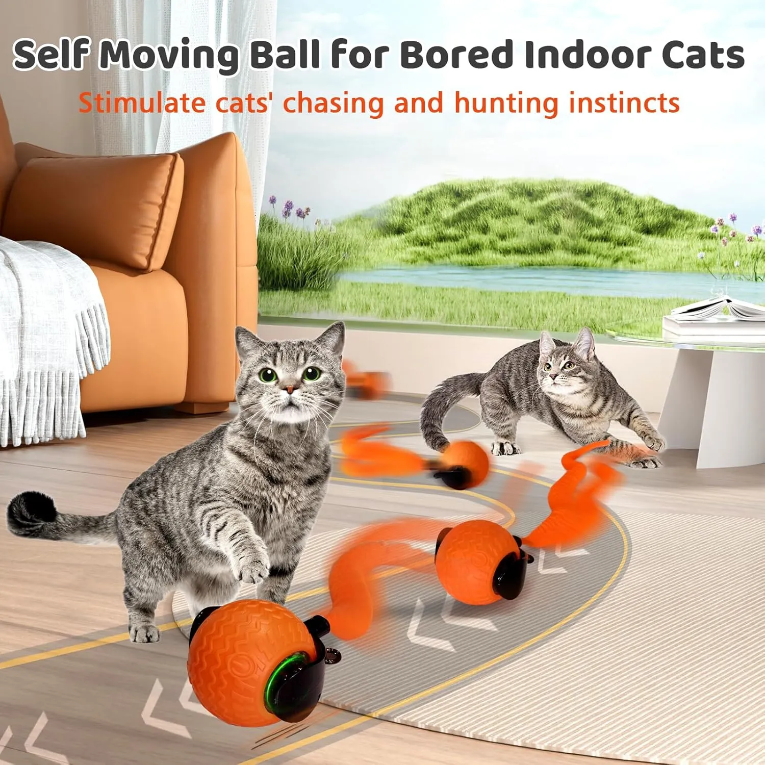 Interactive Rolling Ball Cat Toy, Automatic Moving Cat Ball with Teaser Tail, Motion Activated Smart Kitten Toys for Indoor Cats Self Play (Orange)
