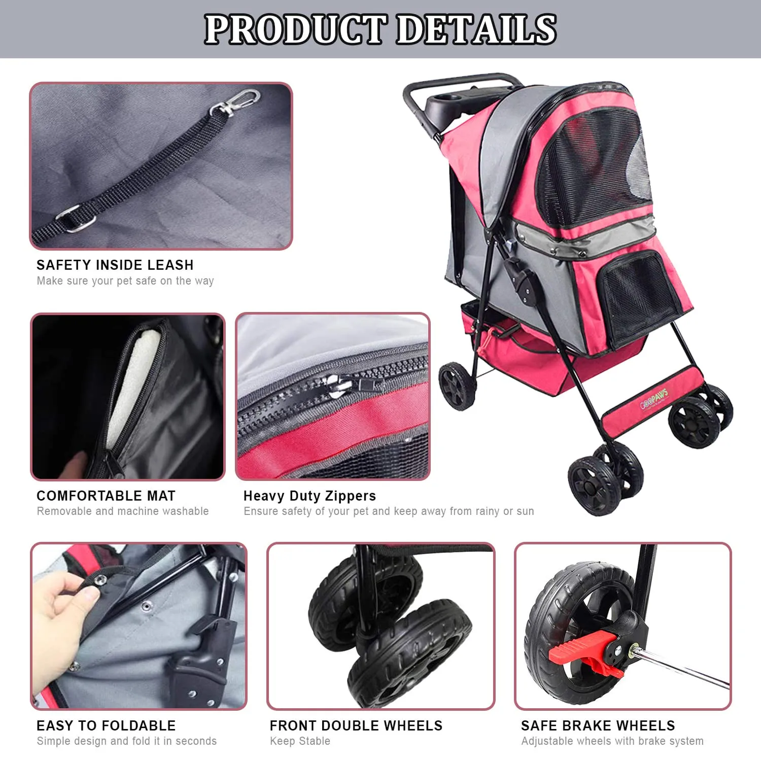 Jespet & GOOPAWS 4-Wheel Promenade Pet Stroller for Dogs Cats, Safe Brake Wheels Foldable Jogging Stroller with Cup Holder, Storage Basket, Pad, Seat Belt (Maroon-1)