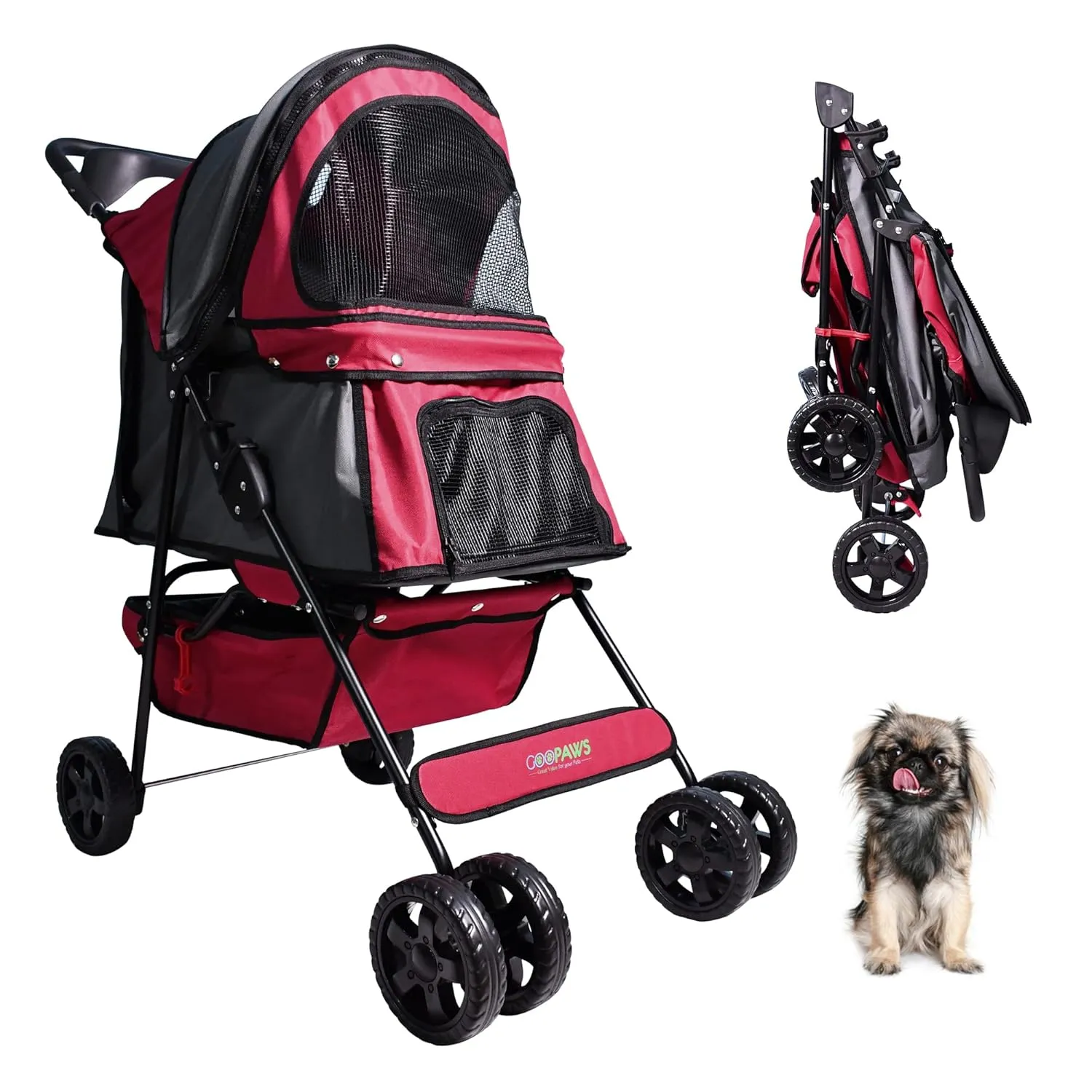 Jespet & GOOPAWS 4-Wheel Promenade Pet Stroller for Dogs Cats, Safe Brake Wheels Foldable Jogging Stroller with Cup Holder, Storage Basket, Pad, Seat Belt (Maroon-1)