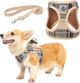 KOOLTAIL Dog Harness and Leash Set for Medium Large Dogs, Step in No Pull Soft Mesh Dog Harness Comfort Padded Pet Vest, Adjustable Reflective Easy Walking Puppy Cats Harnesses Training, Plaid Beige L