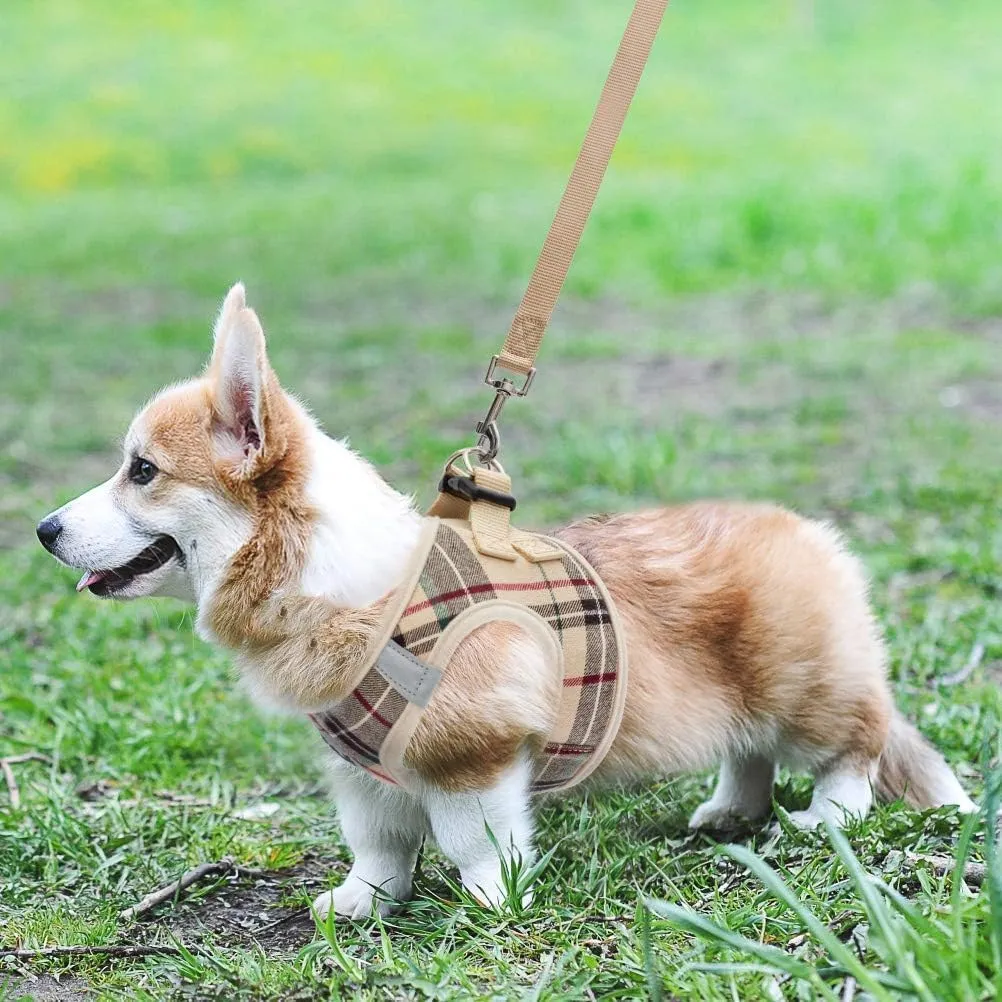 KOOLTAIL Dog Harness and Leash Set for Medium Large Dogs, Step in No Pull Soft Mesh Dog Harness Comfort Padded Pet Vest, Adjustable Reflective Easy Walking Puppy Cats Harnesses Training, Plaid Beige L