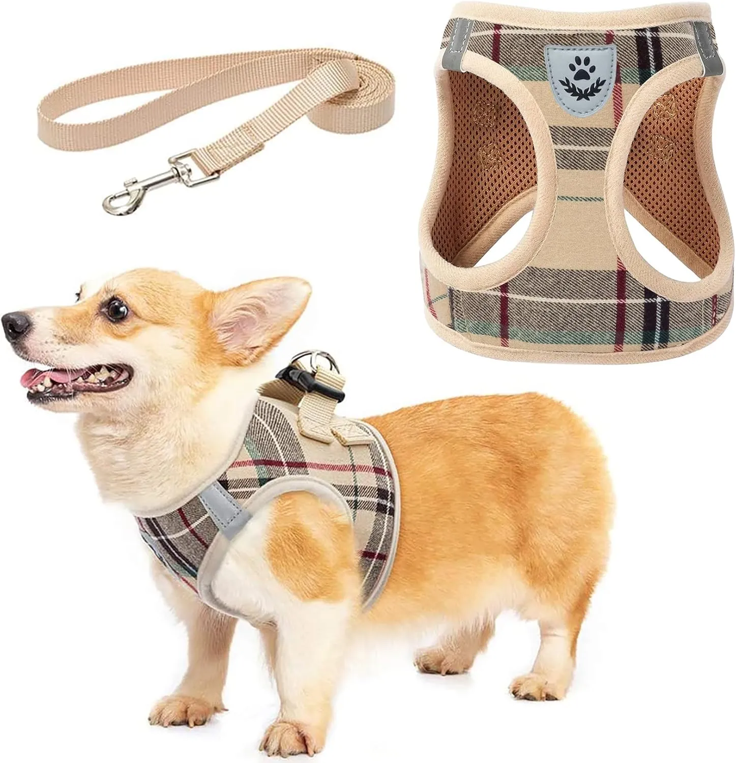 KOOLTAIL Dog Harness and Leash Set for Medium Large Dogs, Step in No Pull Soft Mesh Dog Harness Comfort Padded Pet Vest, Adjustable Reflective Easy Walking Puppy Cats Harnesses Training, Plaid Beige L
