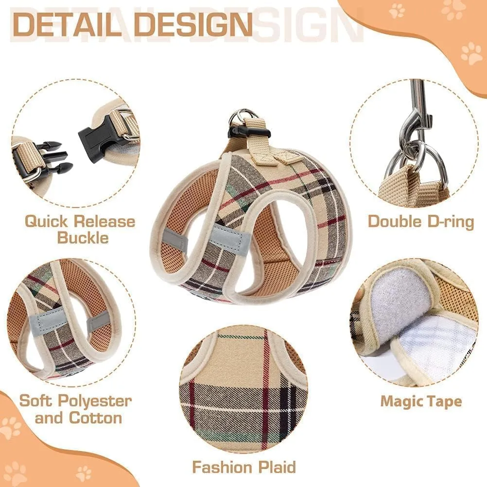 KOOLTAIL Dog Harness and Leash Set for Medium Large Dogs, Step in No Pull Soft Mesh Dog Harness Comfort Padded Pet Vest, Adjustable Reflective Easy Walking Puppy Cats Harnesses Training, Plaid Beige L
