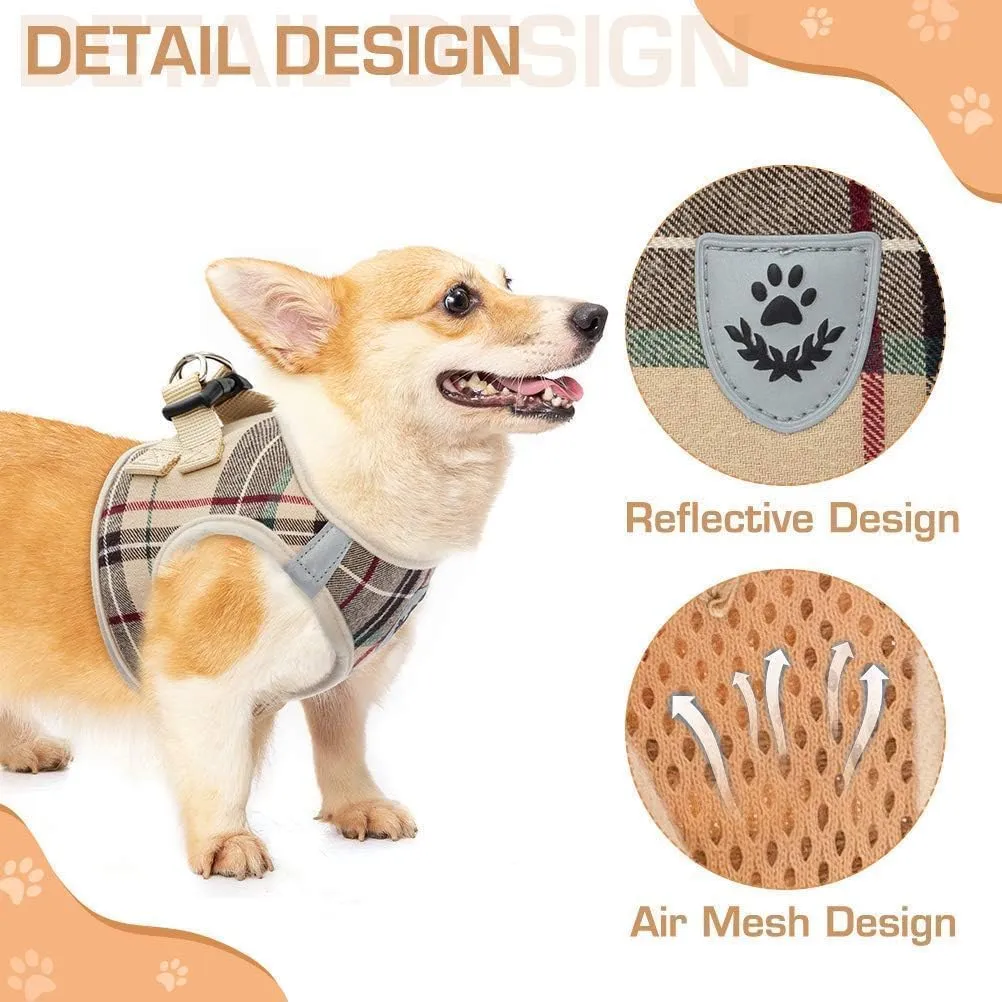KOOLTAIL Dog Harness and Leash Set for Medium Large Dogs, Step in No Pull Soft Mesh Dog Harness Comfort Padded Pet Vest, Adjustable Reflective Easy Walking Puppy Cats Harnesses Training, Plaid Beige L