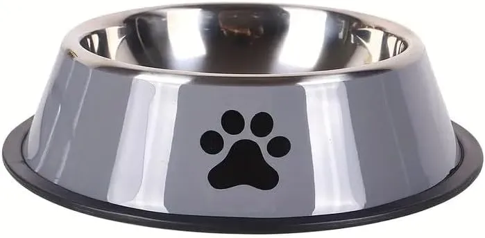 Large Stainless Steel Dog Bowl with Paw Print - Large Capacity Feeding & Watering for Small Dogs & Cats - Non-Slip Base, Easy to Clean, Durable Pet Food and Water Bowl (Grey, Small)