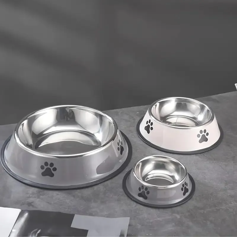 Large Stainless Steel Dog Bowl with Paw Print - Large Capacity Feeding & Watering for Small Dogs & Cats - Non-Slip Base, Easy to Clean, Durable Pet Food and Water Bowl (Grey, Small)