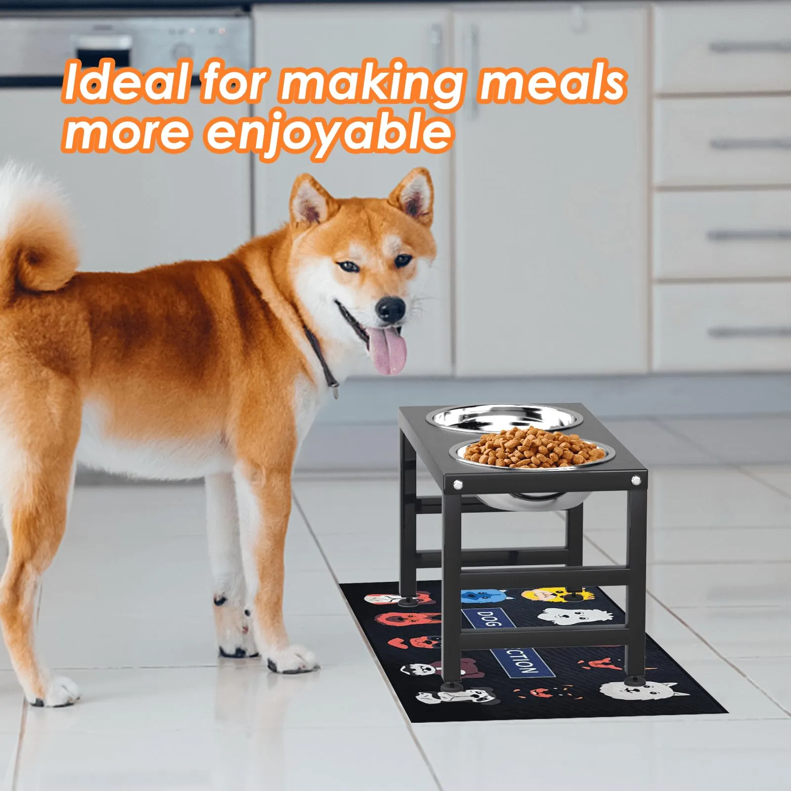 Metal Raised Dog Bowl Stand for Large and Medium Dogs, Stronger Elevated Dog Bowls with Sprill Proof Mat, Dog Food & Water Bowls 10" Tall Dog Feeder (42OZ-Stainless Steel Dog Bowls, Mat-16x24)
