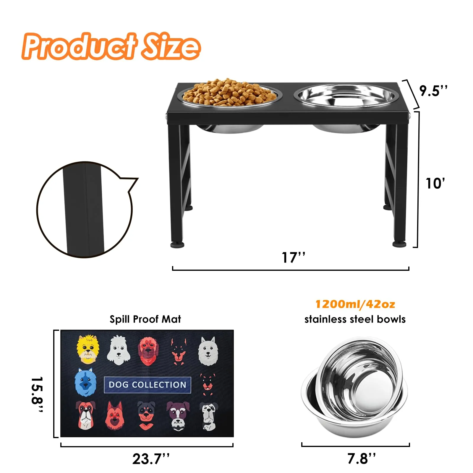 Metal Raised Dog Bowl Stand for Large and Medium Dogs, Stronger Elevated Dog Bowls with Sprill Proof Mat, Dog Food & Water Bowls 10" Tall Dog Feeder (42OZ-Stainless Steel Dog Bowls, Mat-16x24)