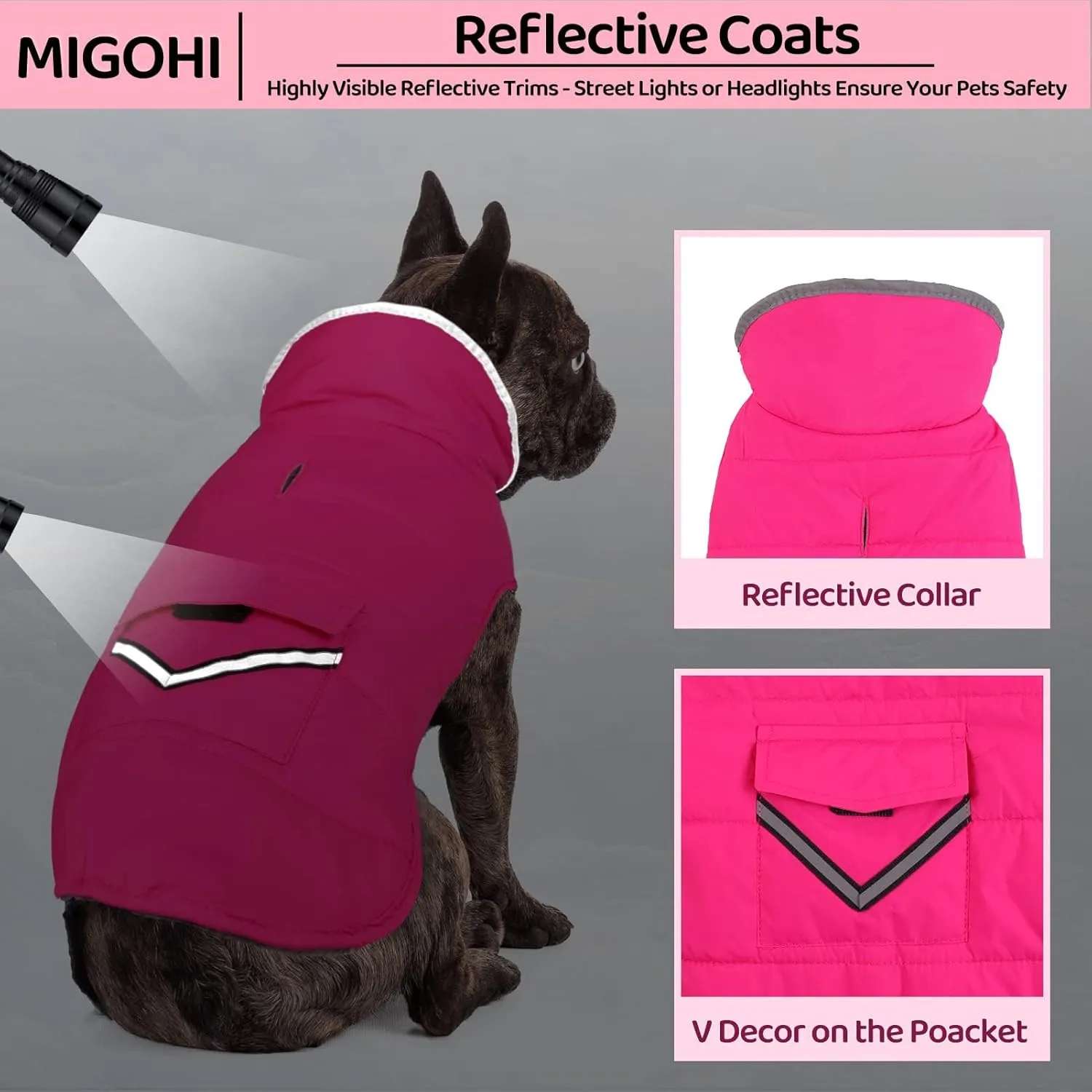 MIGOHI Warm Coat, Winter Dog Jacket for Cold Weather, Reflective Windproof Fleece Vest with Leash Hole and Furry Collar, Puppy - Small/Medium/Large, Pink