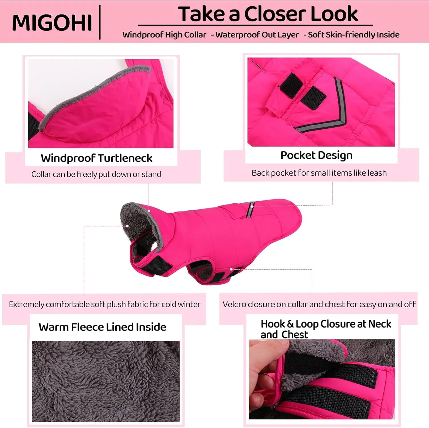 MIGOHI Warm Coat, Winter Dog Jacket for Cold Weather, Reflective Windproof Fleece Vest with Leash Hole and Furry Collar, Puppy - Small/Medium/Large, Pink