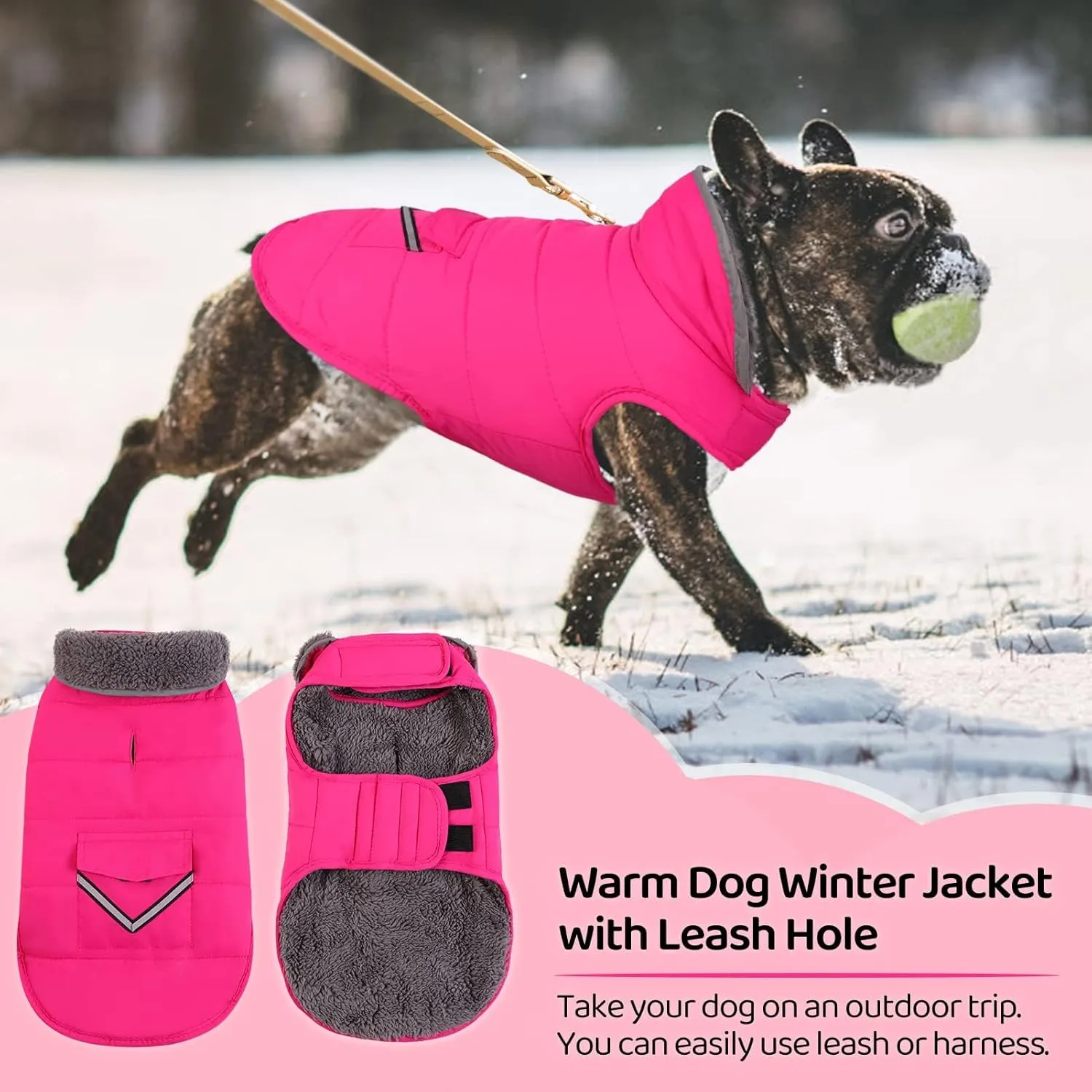 MIGOHI Warm Coat, Winter Dog Jacket for Cold Weather, Reflective Windproof Fleece Vest with Leash Hole and Furry Collar, Puppy - Small/Medium/Large, Pink