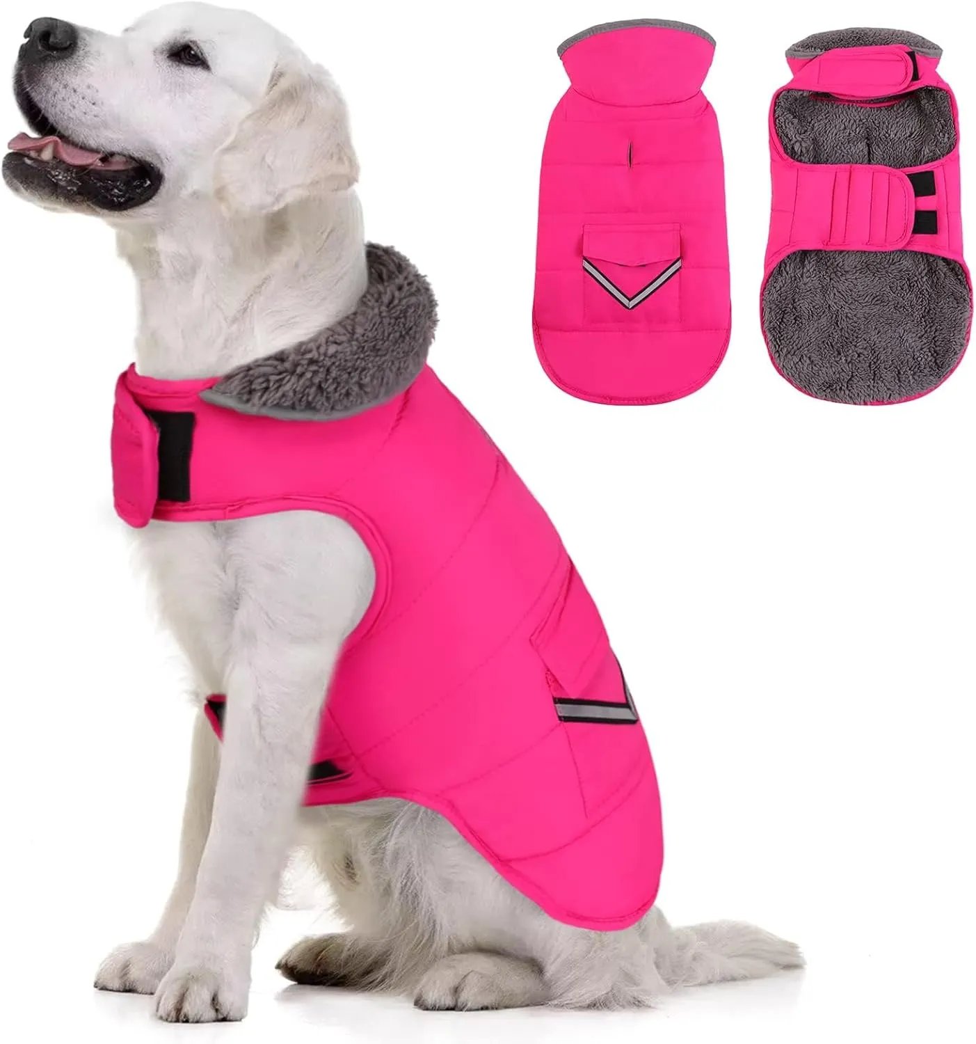 MIGOHI Warm Coat, Winter Dog Jacket for Cold Weather, Reflective Windproof Fleece Vest with Leash Hole and Furry Collar, Puppy - Small/Medium/Large, Pink