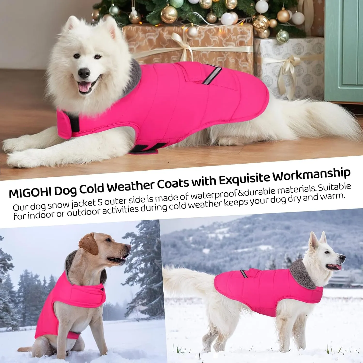 MIGOHI Warm Coat, Winter Dog Jacket for Cold Weather, Reflective Windproof Fleece Vest with Leash Hole and Furry Collar, Puppy - Small/Medium/Large, Pink