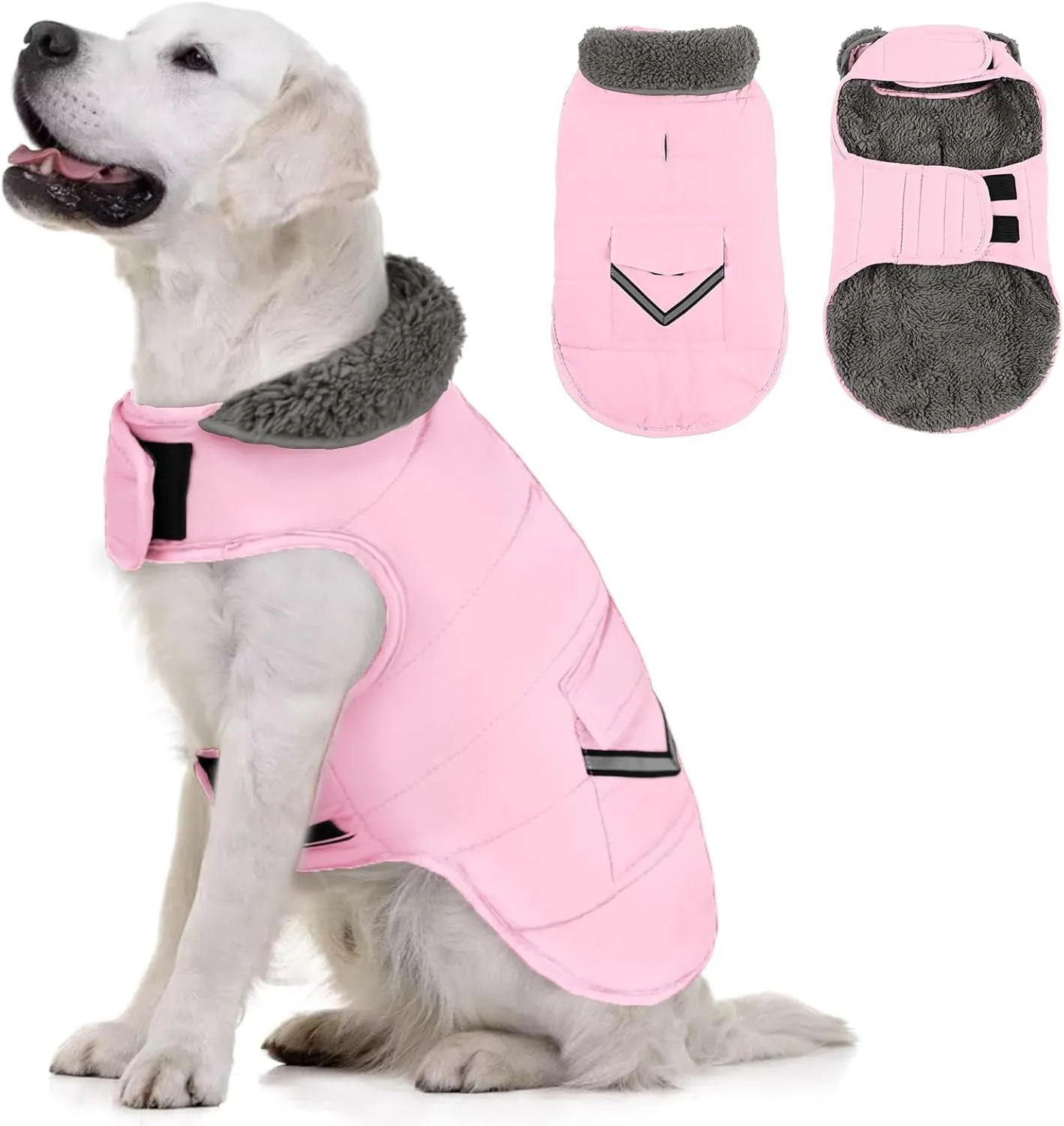 MIGOHI Warm Dog Coat, Winter Jacket, Windproof Dog Fleece Vest, Thick Apparel with Leash Hole and Furry Collar for Puppy to Large Dogs, Light Pink S