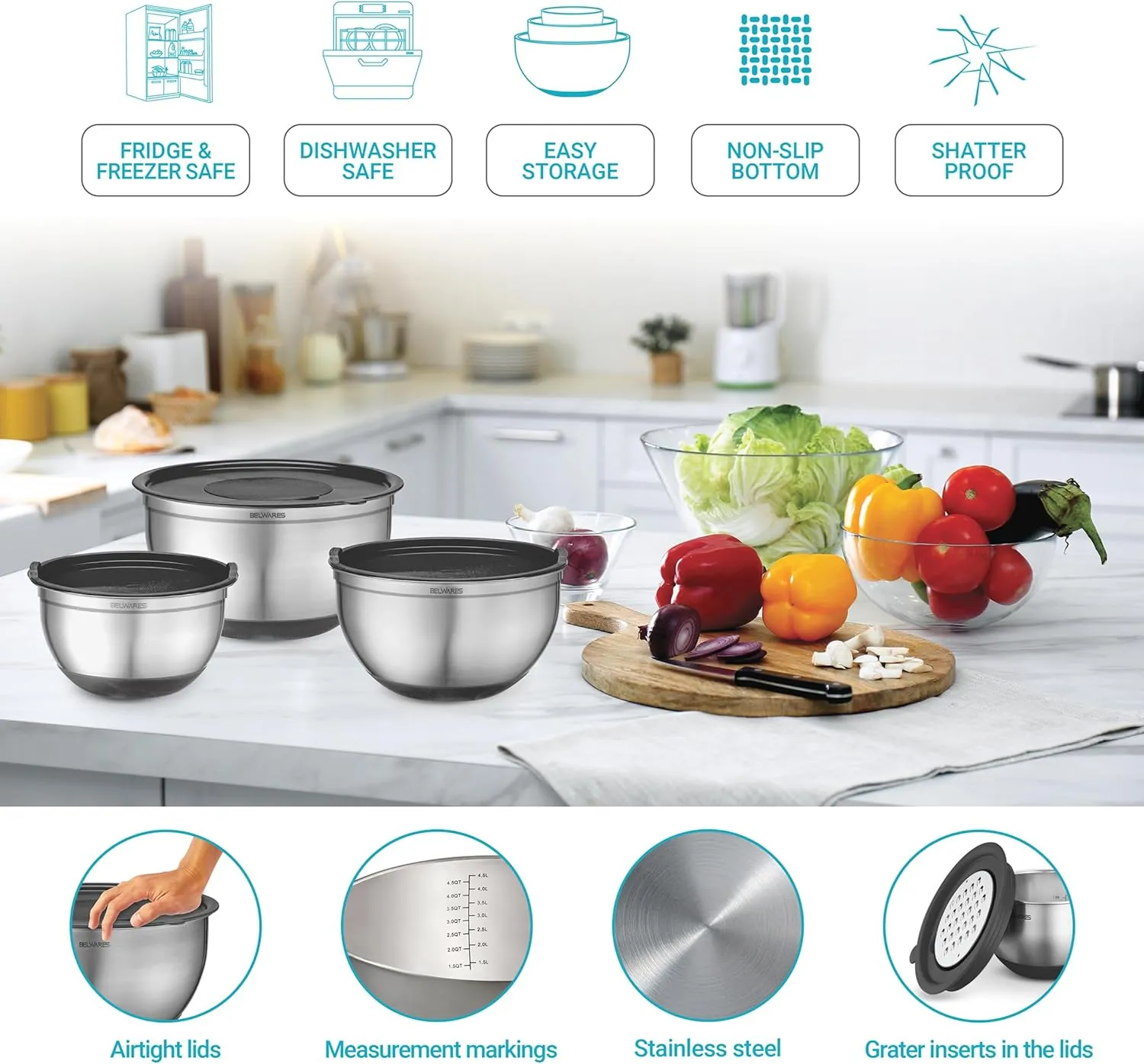 Mixing Bowls with Lids Set of 5 - Nesting Bowls with Airtight Lids and Graters - Stainless Steel Non-Slip Mixing Bowl for Baking, Food Storage and Prepping (Black)