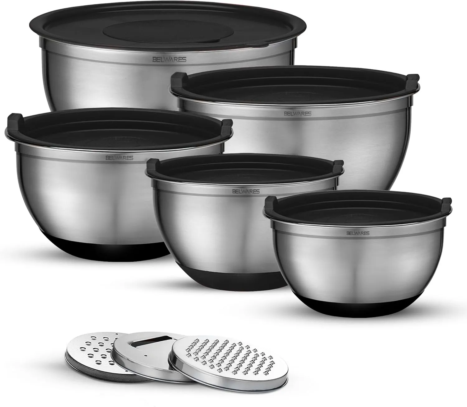 Mixing Bowls with Lids Set of 5 - Nesting Bowls with Airtight Lids and Graters - Stainless Steel Non-Slip Mixing Bowl for Baking, Food Storage and Prepping (Black)