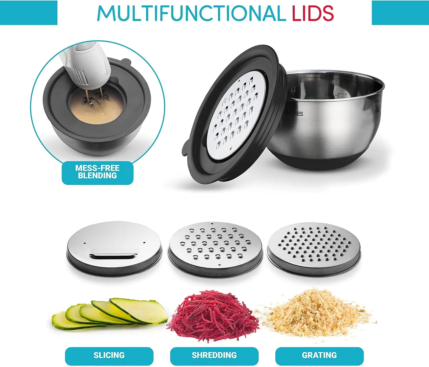 Mixing Bowls with Lids Set of 5 - Nesting Bowls with Airtight Lids and Graters - Stainless Steel Non-Slip Mixing Bowl for Baking, Food Storage and Prepping (Black)