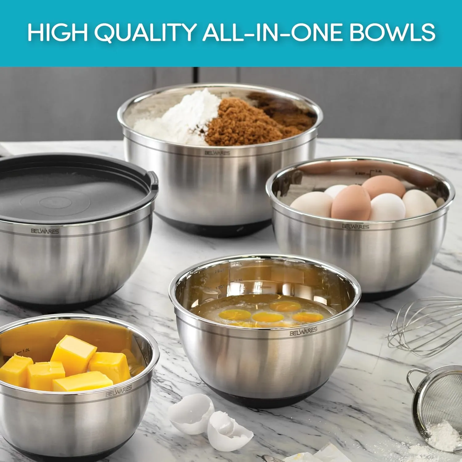 Mixing Bowls with Lids Set of 5 - Nesting Bowls with Airtight Lids and Graters - Stainless Steel Non-Slip Mixing Bowl for Baking, Food Storage and Prepping (Black)