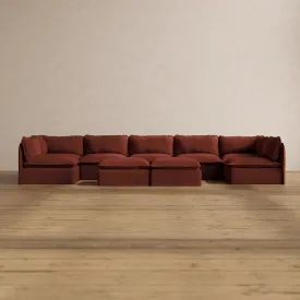 Modular Washable 7-Seater Open-Ends U-Sectional   Bench Ottoman in Rust | Deluxe  Seat | Cloud Pillow