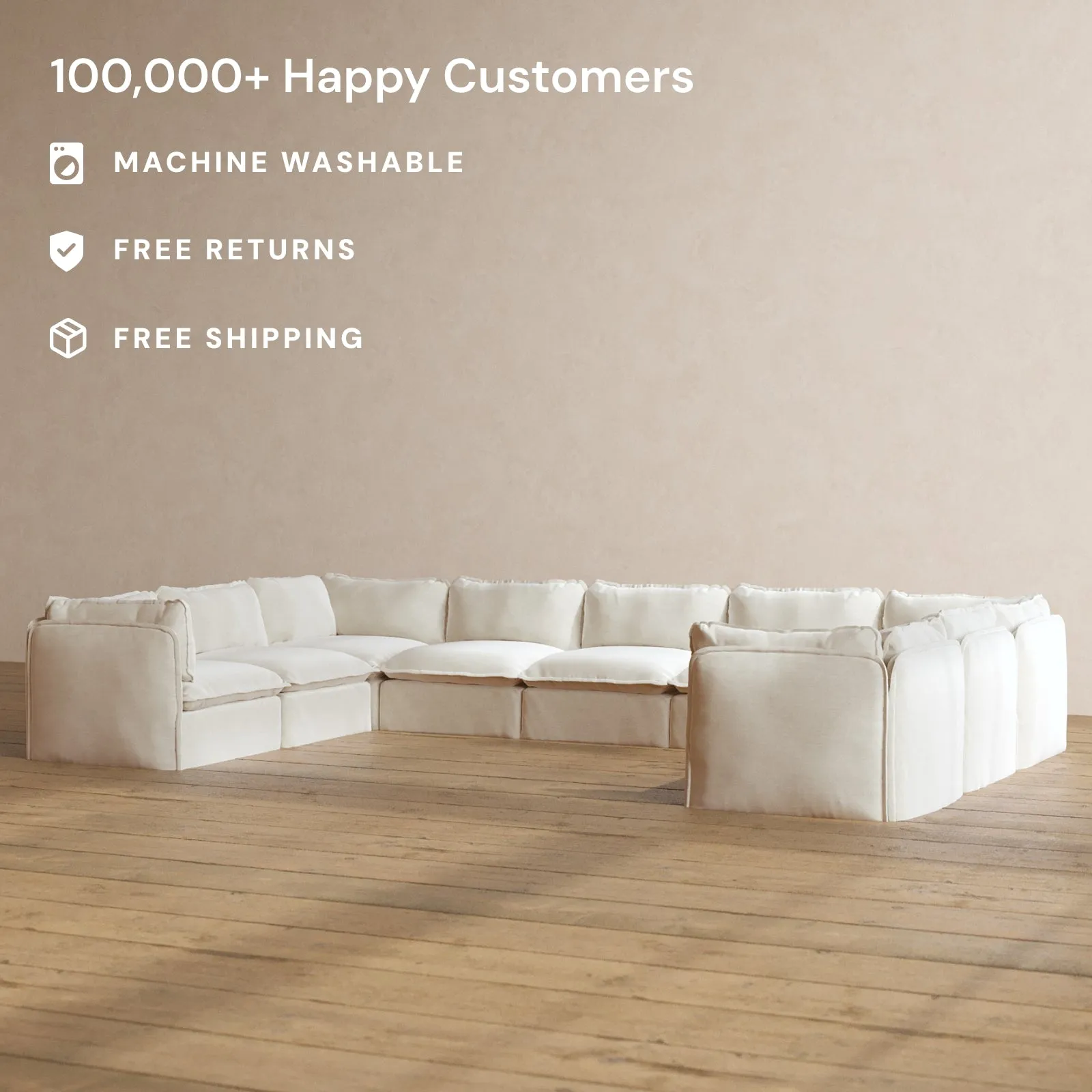 Modular Washable 9-Seater U-Sectional in Coco | Deluxe  Seat | Cloud Pillow
