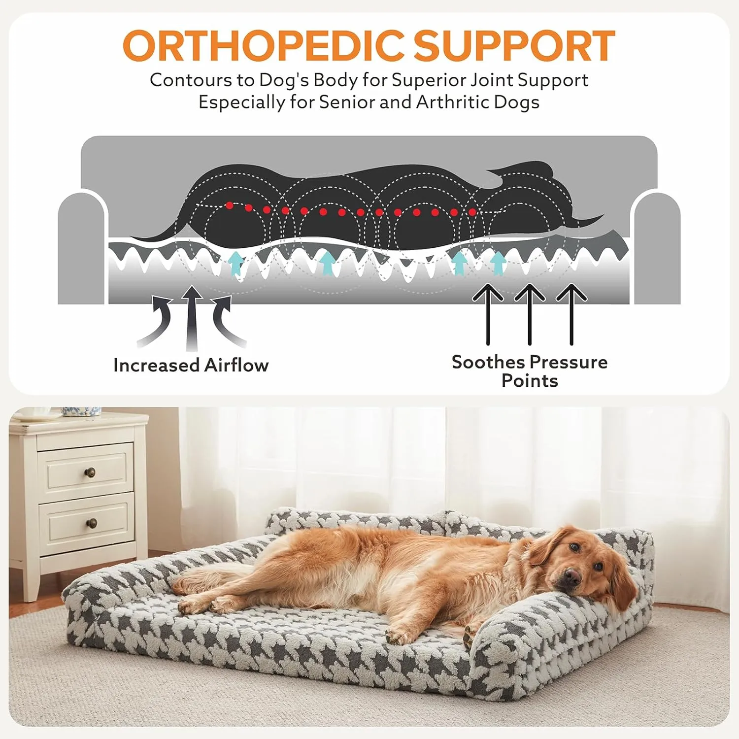 Orthopedic Dog Beds for Large Dogs Washable, Detachable Side Bolster and Pillow, Large Dog Sofa with Memory Foam, with Removable Cover and Non-Slip Bottom, Grey