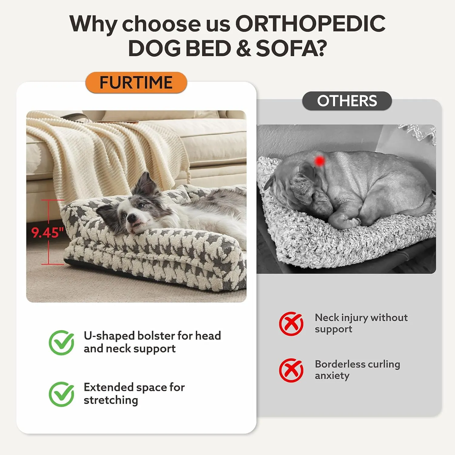 Orthopedic Dog Beds for Large Dogs Washable, Detachable Side Bolster and Pillow, Large Dog Sofa with Memory Foam, with Removable Cover and Non-Slip Bottom, Grey