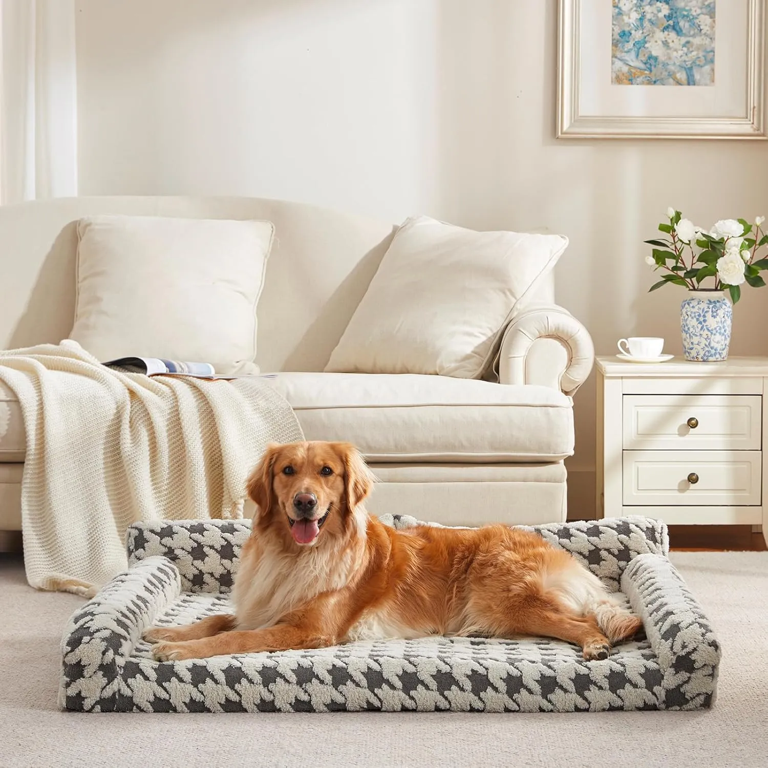 Orthopedic Dog Beds for Large Dogs Washable, Detachable Side Bolster and Pillow, Large Dog Sofa with Memory Foam, with Removable Cover and Non-Slip Bottom, Grey