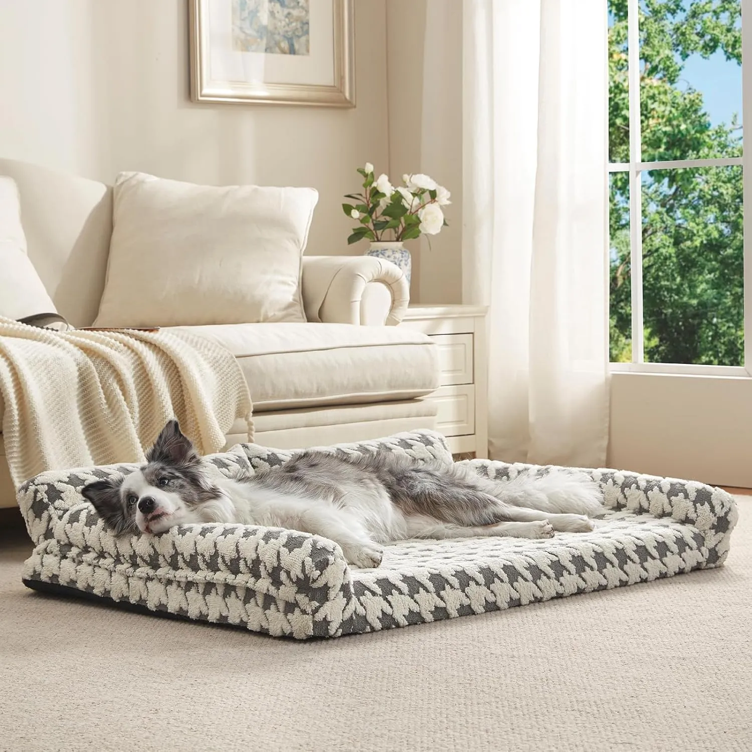 Orthopedic Dog Beds for Large Dogs Washable, Detachable Side Bolster and Pillow, Large Dog Sofa with Memory Foam, with Removable Cover and Non-Slip Bottom, Grey