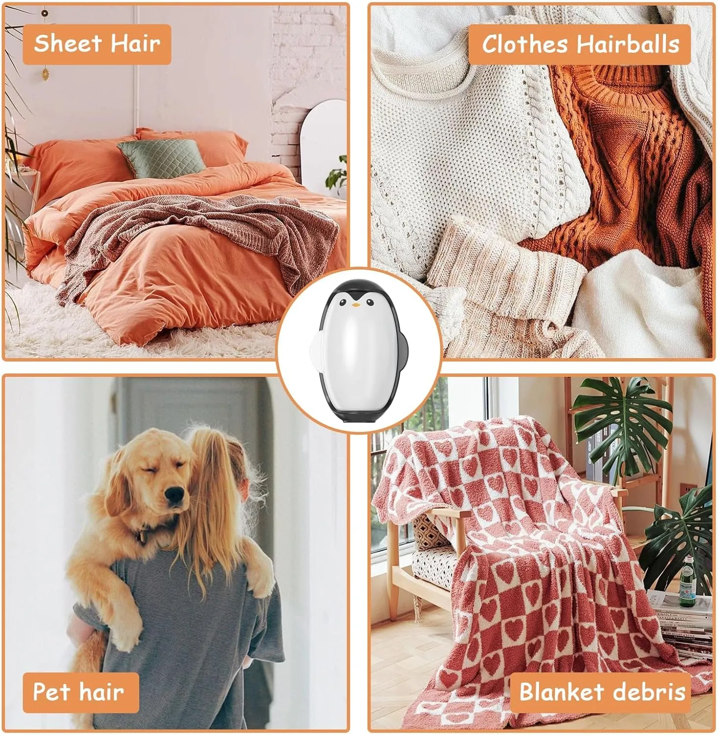 Penguin-Reusable Lint Roller - Washable Sticky Roller for Clothes, Furniture, Car, Pet Hair, Gift Idea for Pet Owners (Cute Animal Design) (Black)