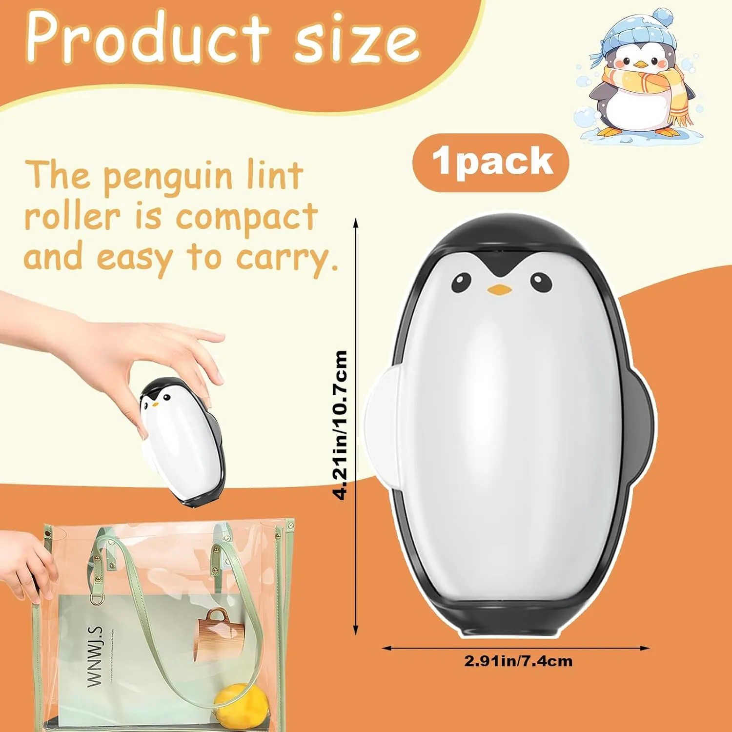 Penguin Shape Reusable Lint Roller Ball, Penguin Sticky Lint Remover, Penguin Hair Sticky Device, Penguin Hair Sticky Roller, Penguin Pet Hair Remover, Cute Penguin Lint Roller for Pets (Black)