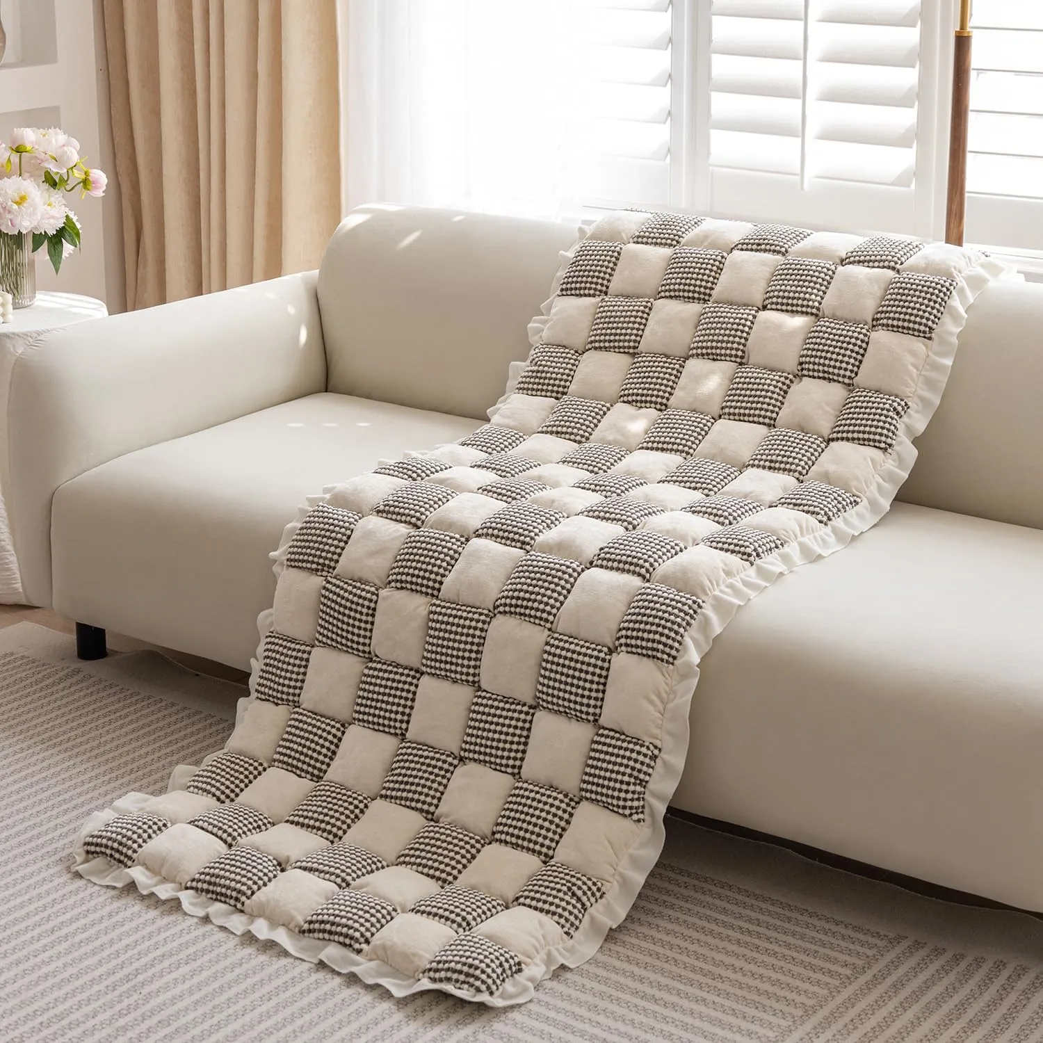 Pet Couch Covers for Sofa, Sofa Cover for Dogs Mat Washable Floral Handmade Pure Cotton Protective Couch Cover (Grey, 27.6 * 70.9inch)