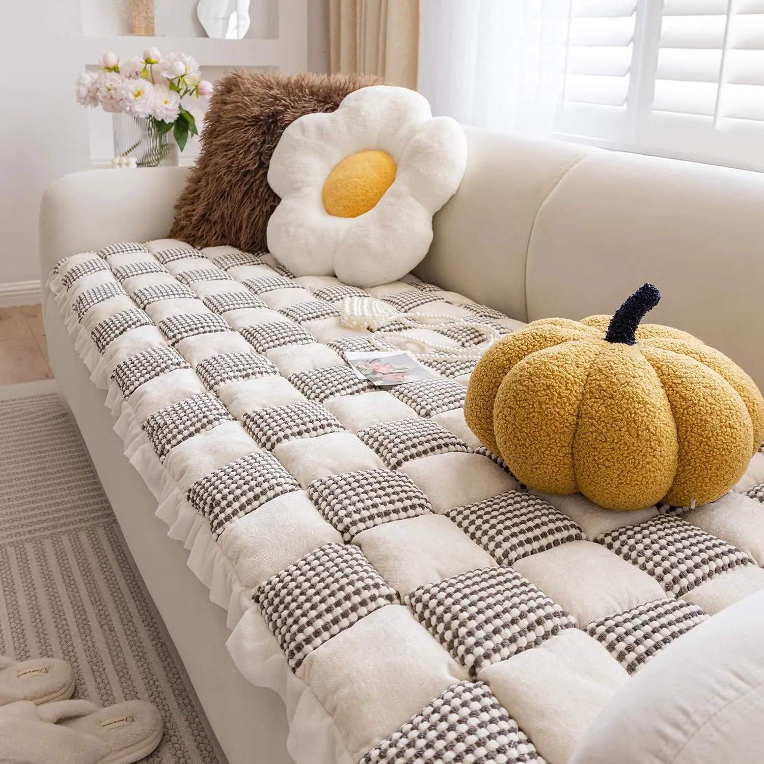 Pet Couch Covers for Sofa, Sofa Cover for Dogs Mat Washable Floral Handmade Pure Cotton Protective Couch Cover (Grey, 27.6 * 70.9inch)
