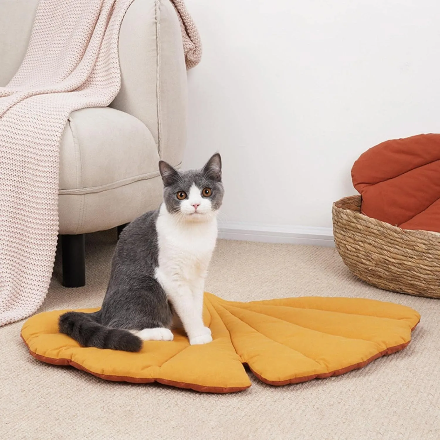 Pet Mat for Dogs, Double-Sided Cotton Cat & Dog Bed Pad with Leaf Design, Comfortable & Durable Portable Camping Sleeping Cushion for Small & Medium Dogs (Ginkgo Leaf, 28"x24.5")