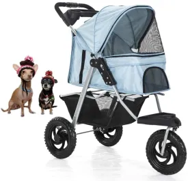 Pet Stroller for Dogs Cats, Foldable Shockproof Trolley Carrier with Front Swivel Wheels & Cup Holder 3 Wheels Travel Buggy, Grey (Blue)
