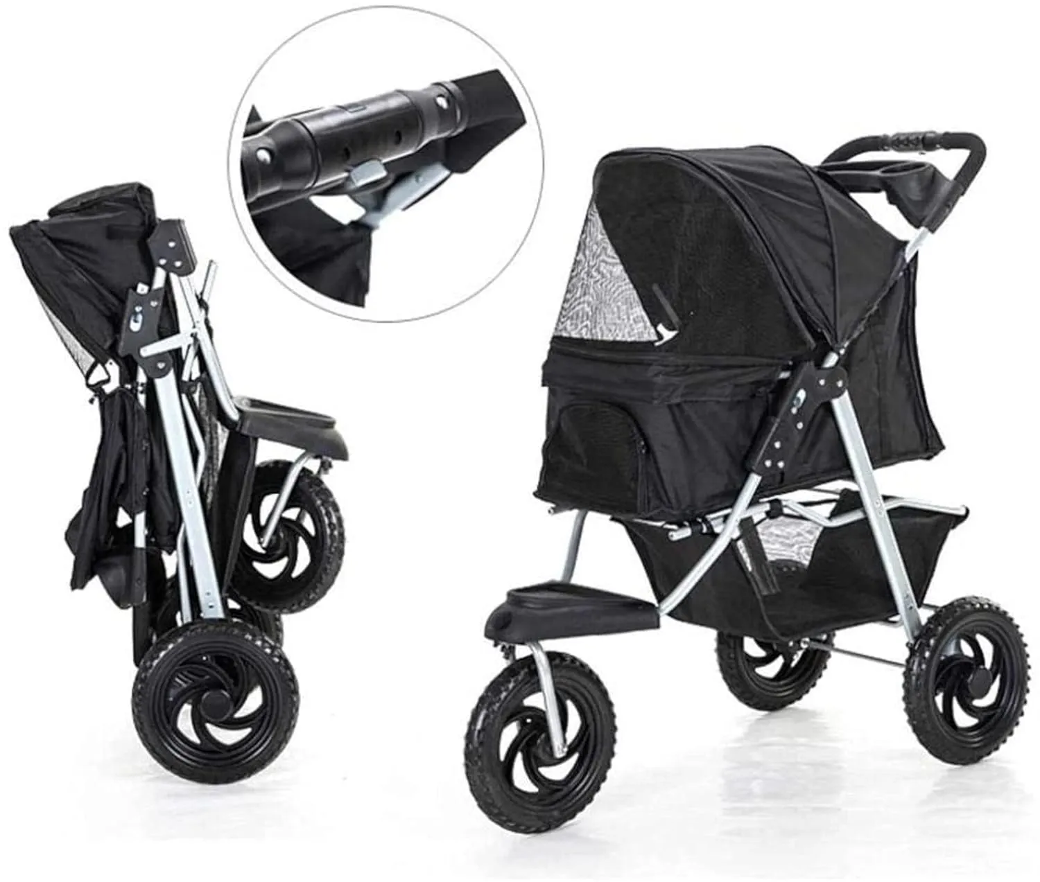 Pet Stroller for Dogs Cats, Foldable Shockproof Trolley Carrier with Front Swivel Wheels & Cup Holder 3 Wheels Travel Buggy, Grey (Blue)