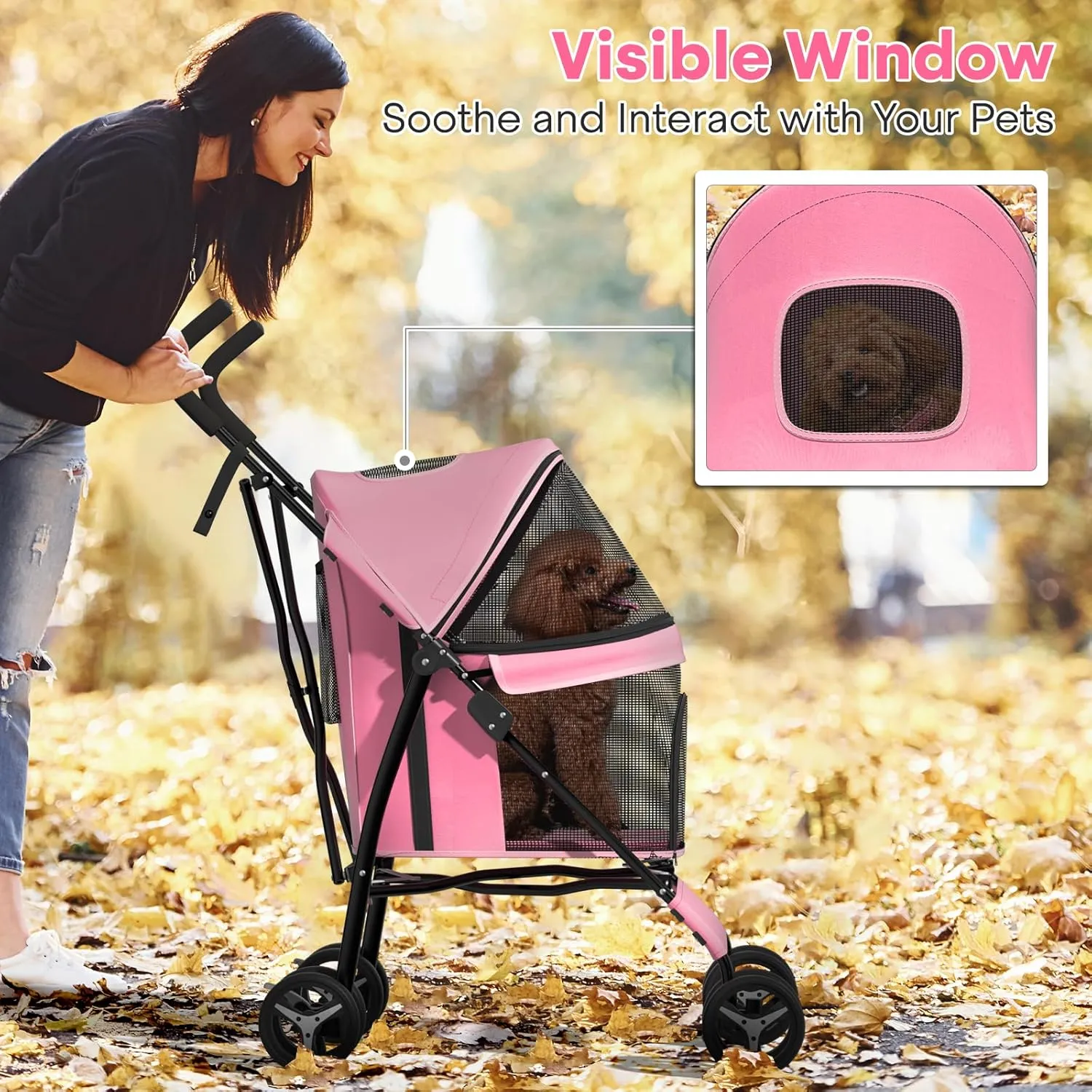 Pet Stroller for Small Dogs & Cats, 10-22lbs, Pink, Rear Storage