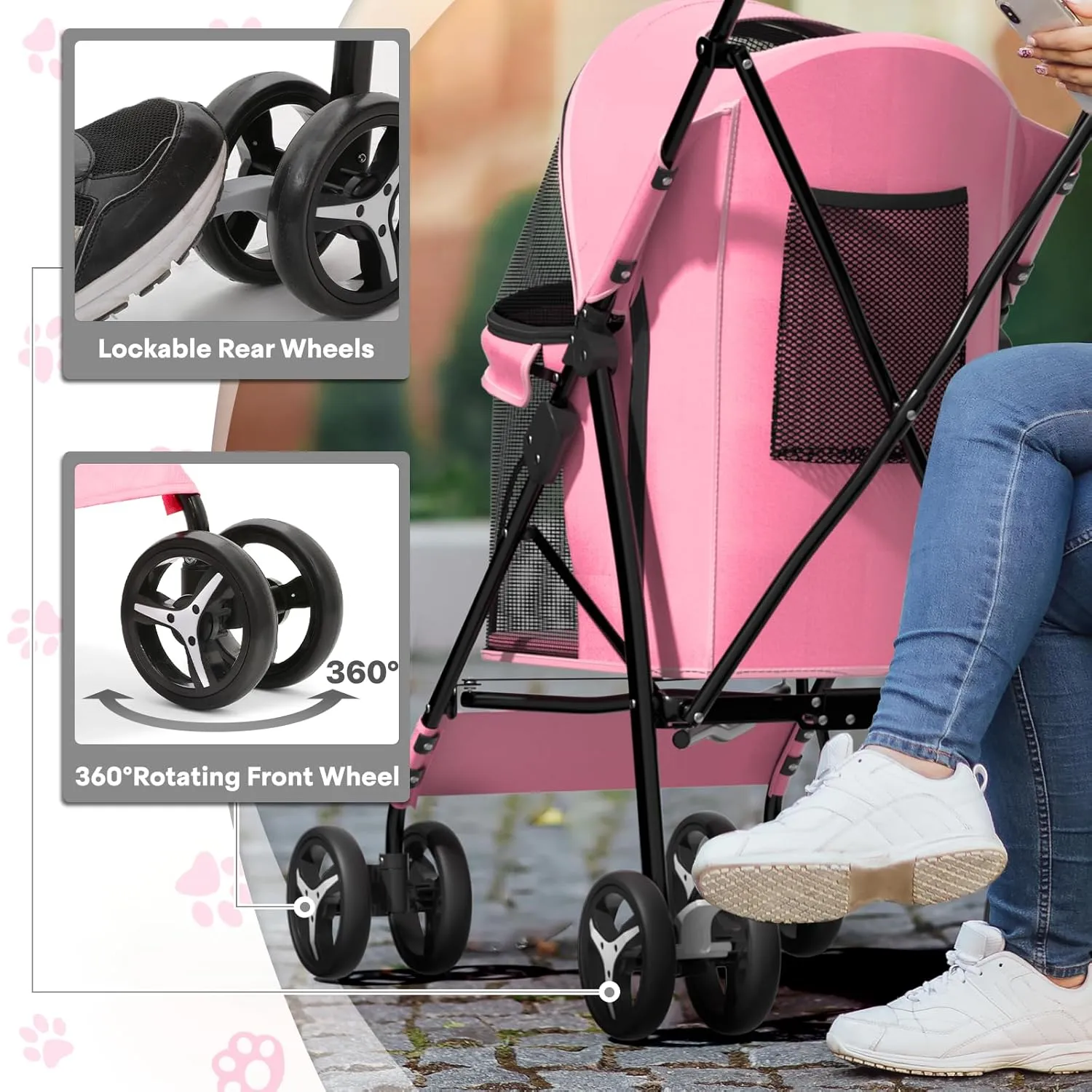 Pet Stroller for Small Dogs & Cats, 10-22lbs, Pink, Rear Storage