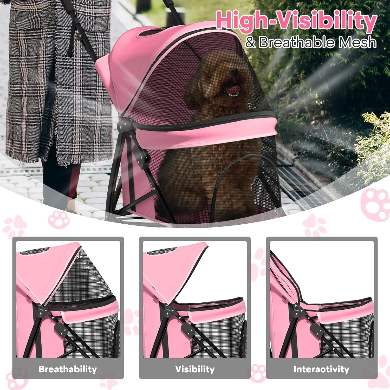 Pet Stroller for Small Dogs & Cats, 10-22lbs, Pink, Rear Storage